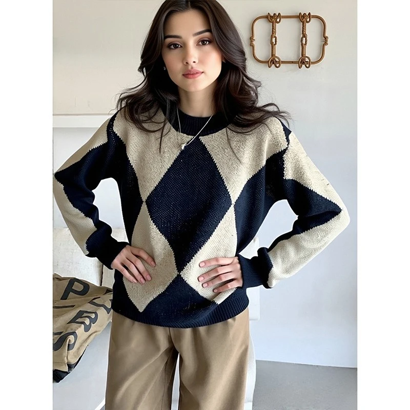 

Осень-зима, мягкий новый повседневный женский свитер с длинным рукавом, корейский элегантный свитер с ромбовидной сеткой и круглым вырезом, свободный вязаный пуловер в стиле ретро