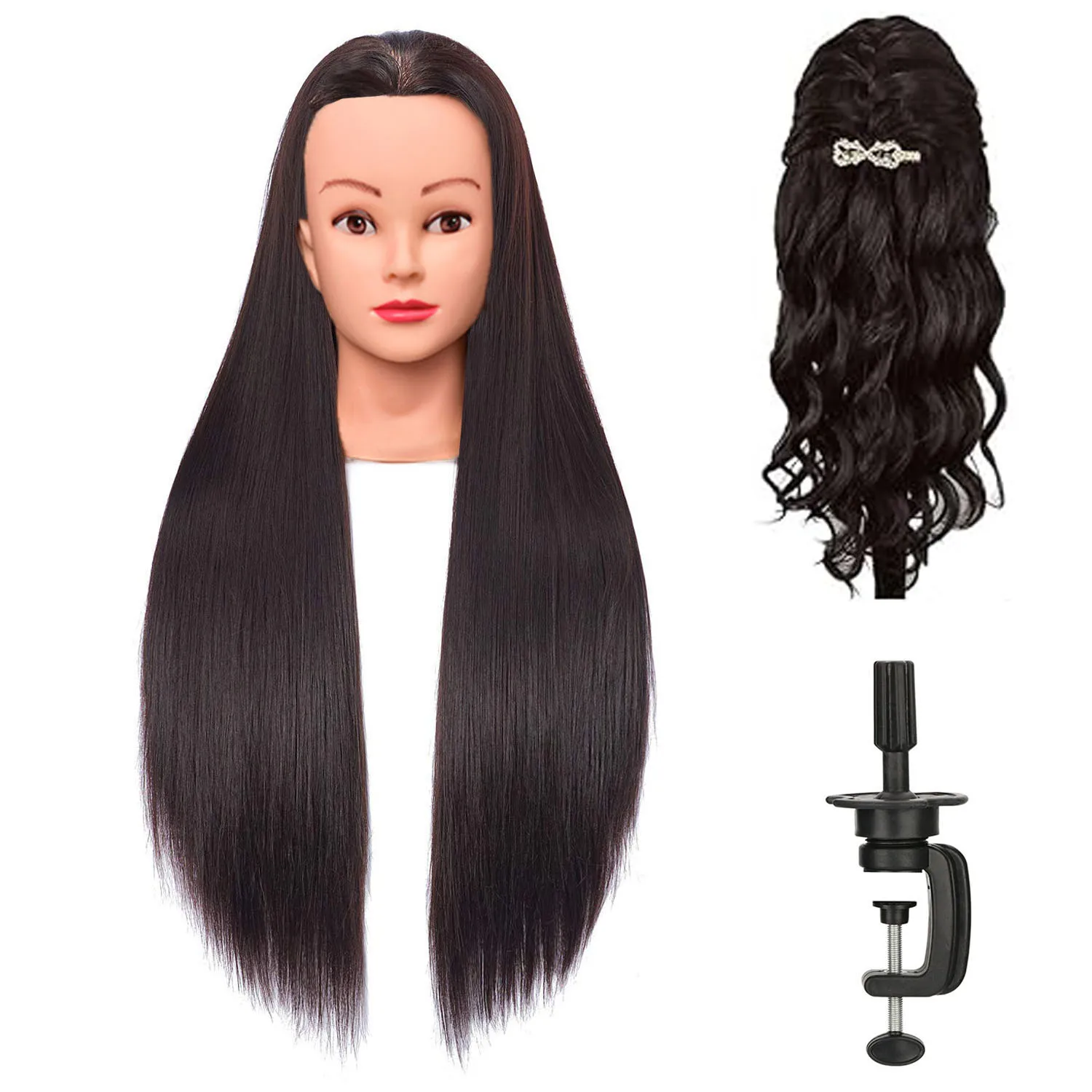 Cabelo longo sintético formação cabeça, manequim cabeça para trança cabeleireiro com braçadeira, peruca Stand boneca, penteados