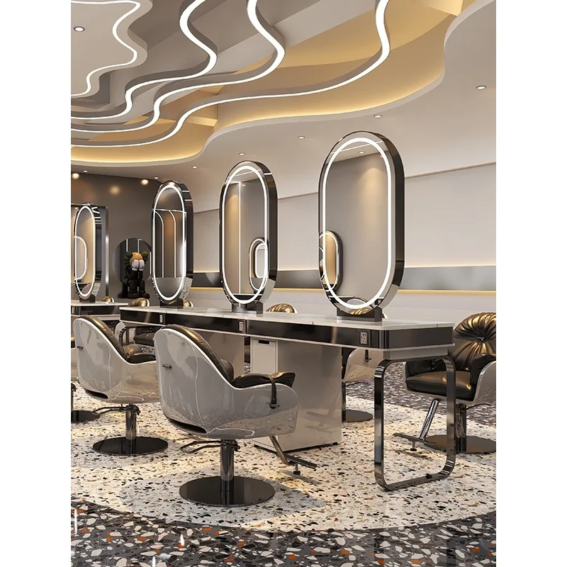 High-end barber store mirror table hair salon special single-sided double-sided marble hairdressing mirror with cabinet hair cut