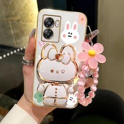 A 57 2022 Flower Strap Rabbit Makeup Mirror Phone Holder Case On For Oppo A57 4G 2022 OppoA57 2022 Luxury Girl Woman Cover