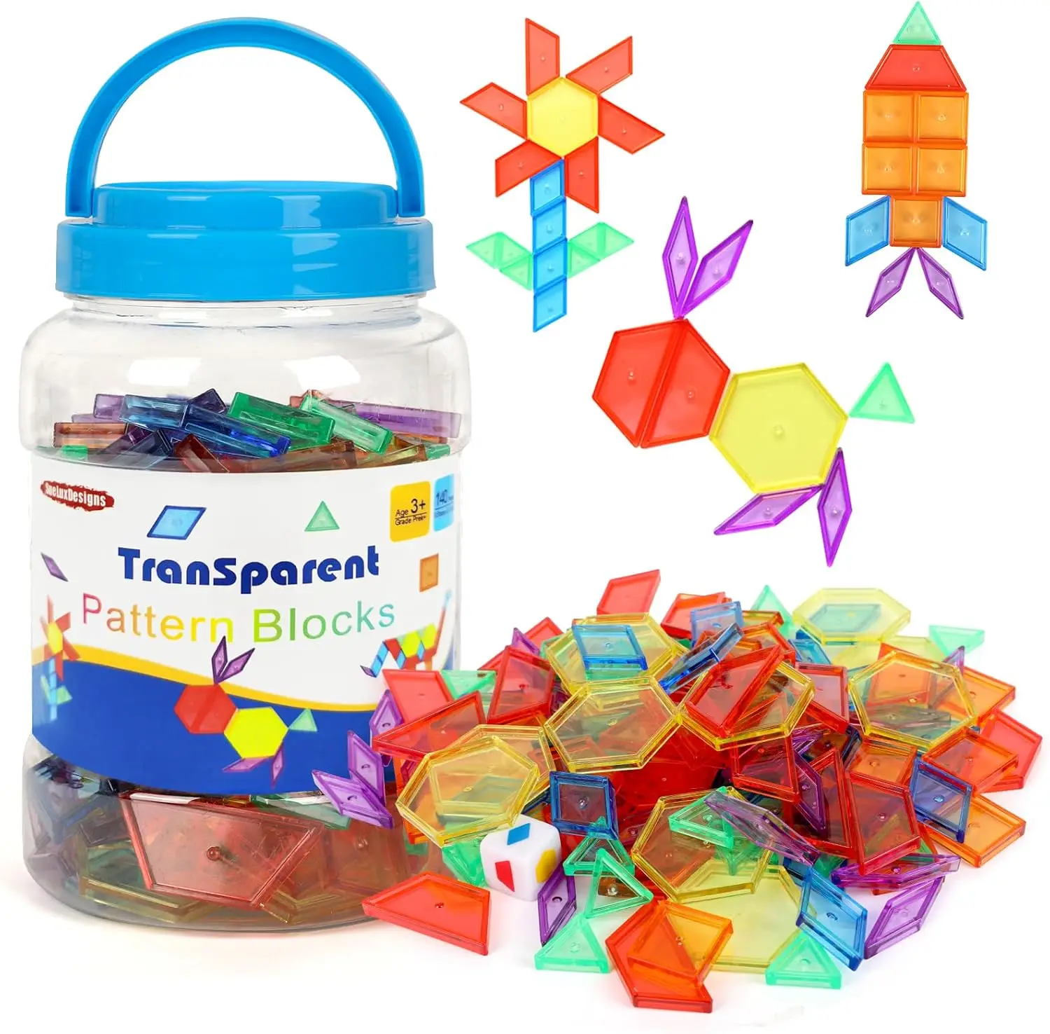 

140 Pcs Transparent Pattern Blocks Set for Light Table, Geometric Shapes Blocks, Math Manipulative for Shape Recognition, Light