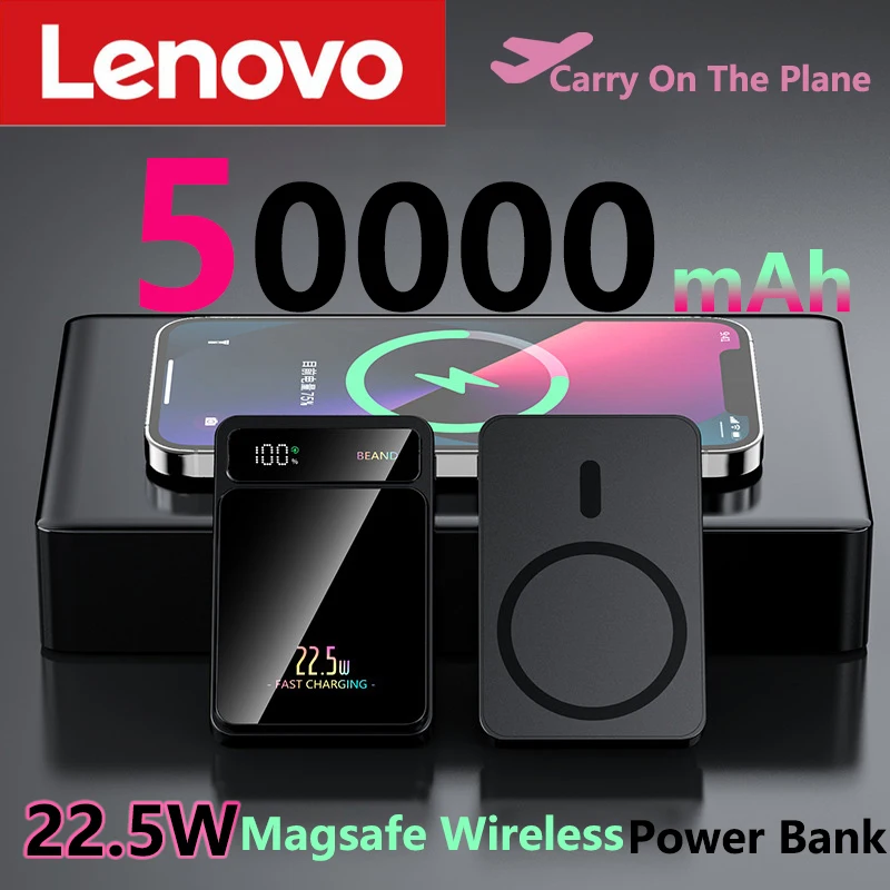 

Lenovo 50000mAh Magnetic Wireless Charger Power Bank Portable External Battery 22.5W Fast Charging PowerBank for Android iPhone