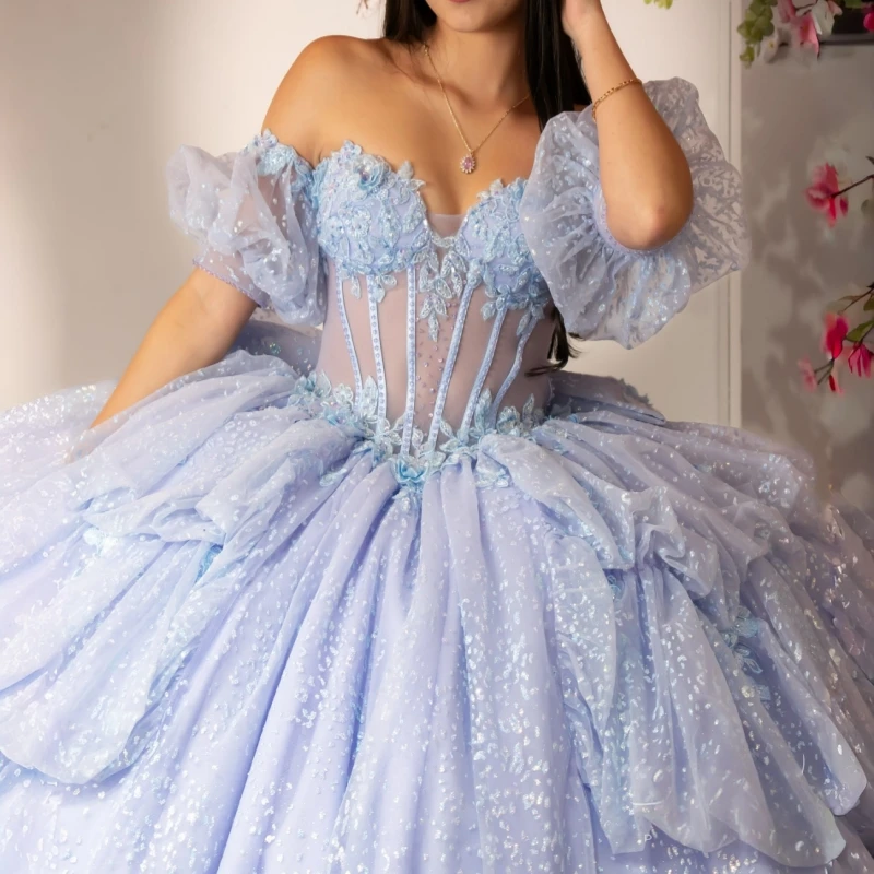

Sky Blue Ball Gown Quinceanera Dresses Applique Beading Crystal Tiered Tull Corset Off Shoulder Sweet 16 Dress vestidos de 15
