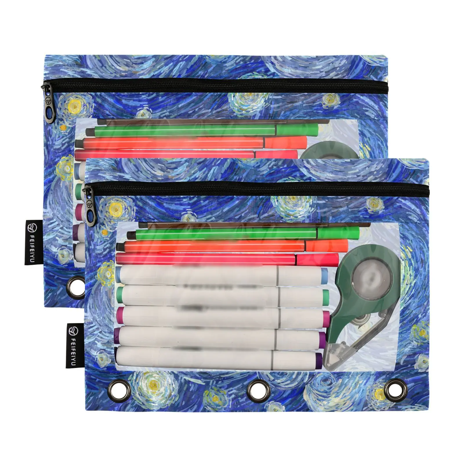 Pencil Case Zipper Transparent Loose-Leaf Binder Cloth Stationery File Van Gogh oil painting Storage Bag Office Storage Box