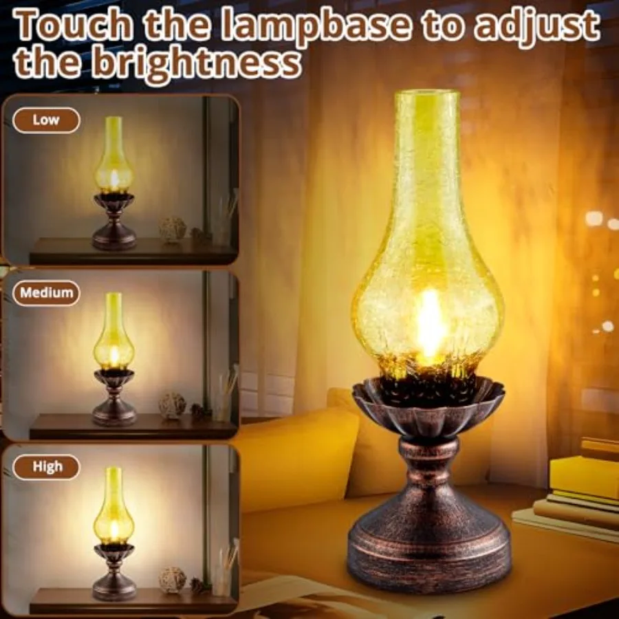 โคมไฟตั้งโต๊ะสไตล์วินเทจแบบสัมผัส ปรับความสว่างได้ 3 ระดับ สไตล์เรโทรแบบชนบท โคมไฟข้างเตียงพร้อมโคมแก้วสีเหลืองอำพันและหลอดไฟ LED สำหรับข้างเตียง