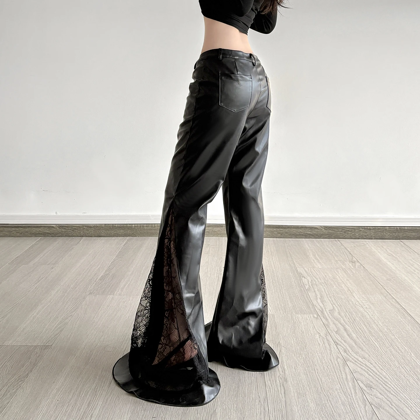 Dark Pu Leather Patchwork Lace Pants Gothic Slim Low-Waisted Flare Pants Women 2025 Autumn Spring Fashion Y2K Streetwear Ladies