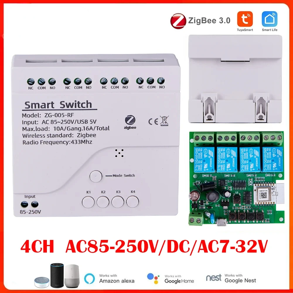 

4CH Zigbee Tuya Smart Home Relay Module 85-250V Relay AC DC 7-32V 85-250V Works Alexa Google Assistant Smart Light Switch