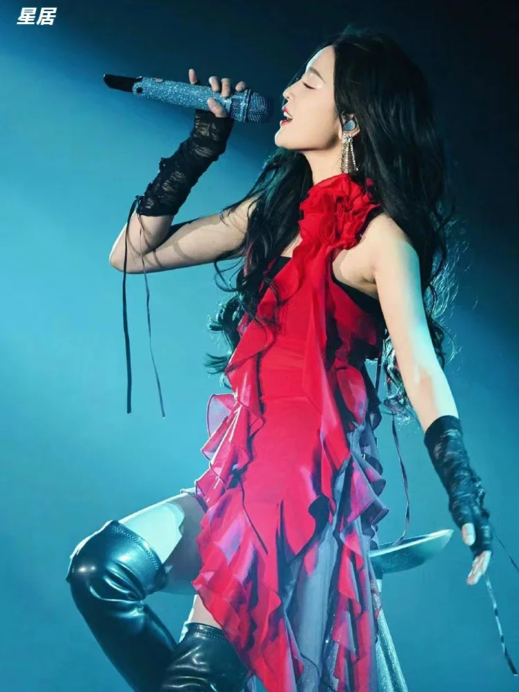 Women Group Kpop Dance Outfit Red Backless Halter Sling Floral Dress Jazz Dance Clothes Stage Singer Costume Hip Hop Dance Suit