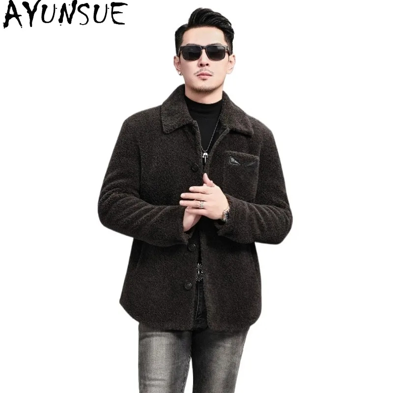 AYUNSUE Real Sheep Shearling Jacket Man High Quality 100% Wool Coat Men Warm Silk Liner Autumn Winter Lamb Wool Trench Coats