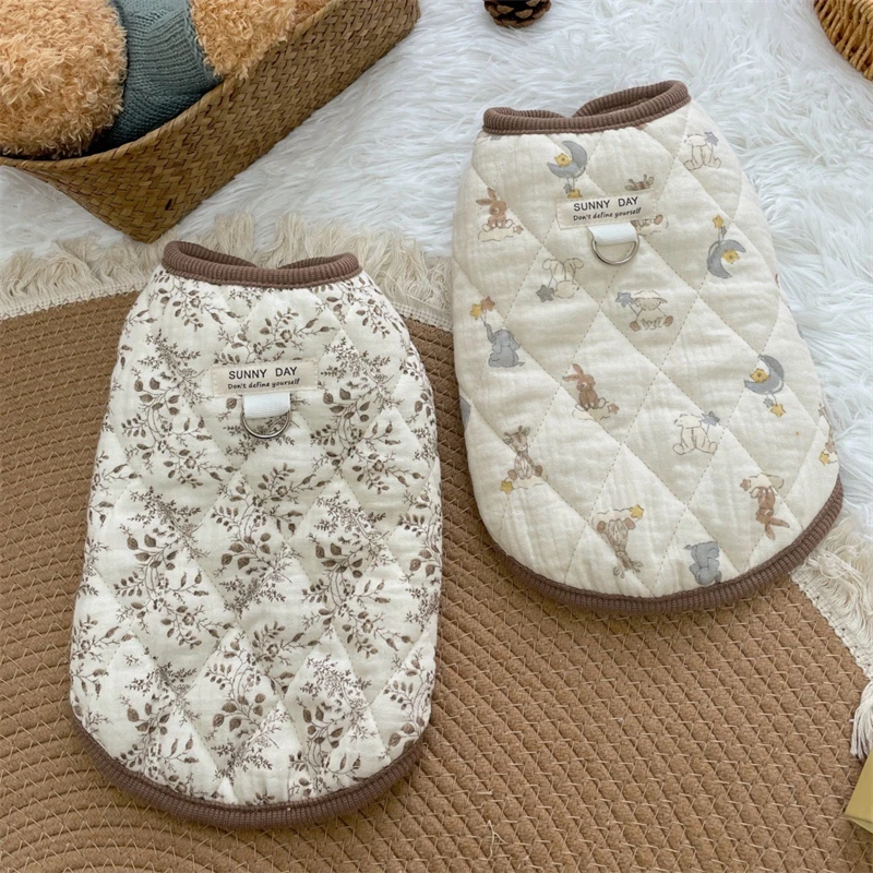 Sweet Floral Pet Clothes for French Bulldog Pure Cotton Warm Cat Winter Vest Protective Christmas Small Medium Puppy Coats