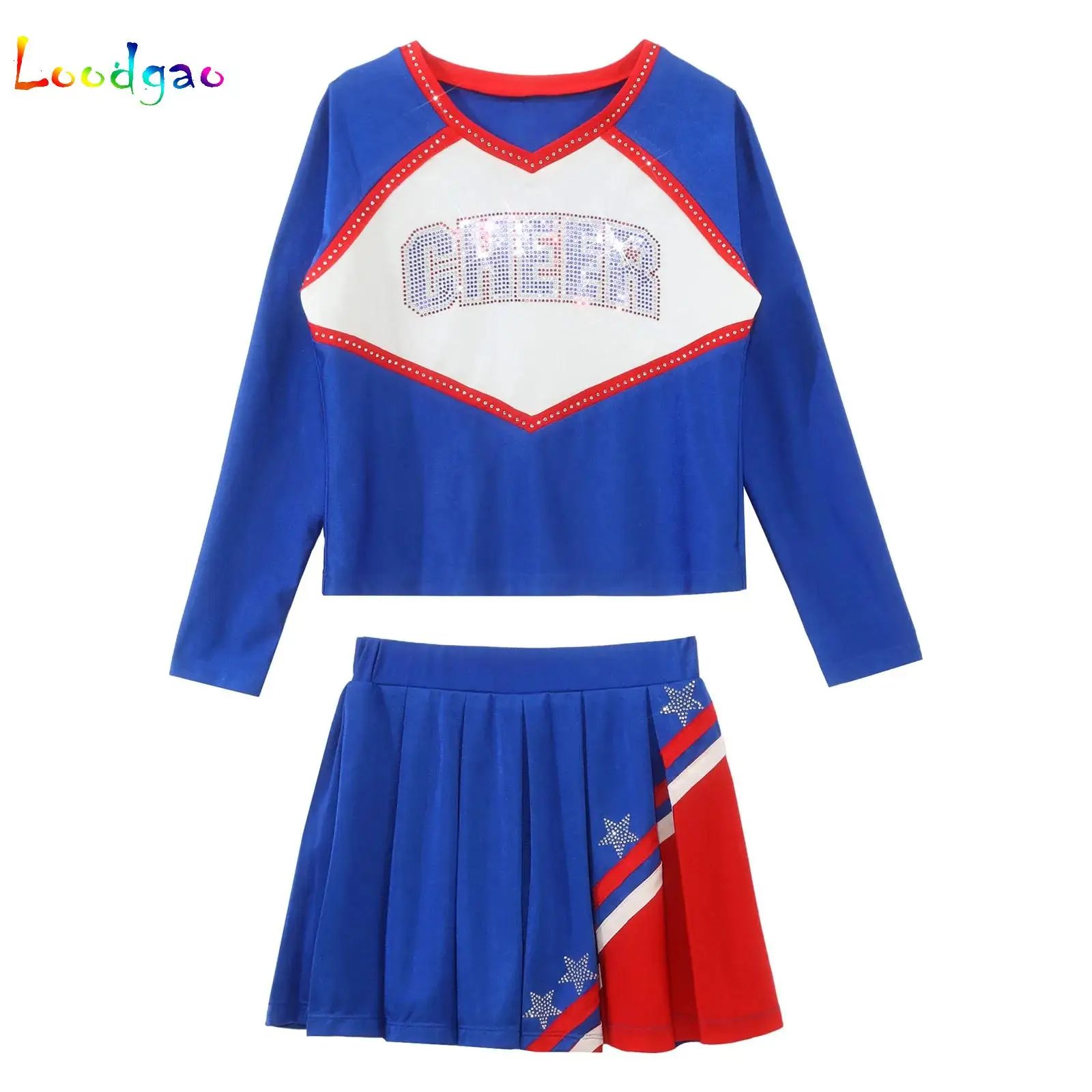Cheerleading Stage Performance Costume for Kids Girls Cheerleader Rhinestone Tops with Skirts Football Game Festival Clothes
