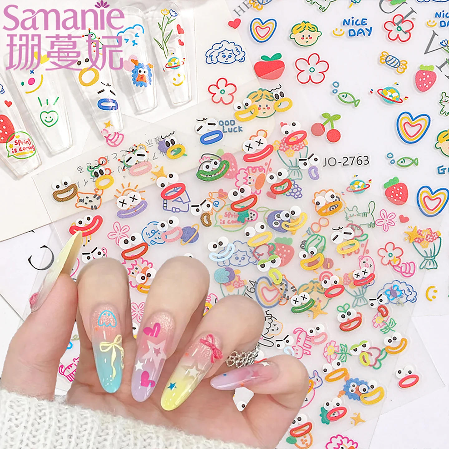 SANANIE Interesting Graffiti Sun Heart Flowers Nail Decals Lovely Animal Fruit Adhesive Embossed Nails DIY Waterproof Stickers