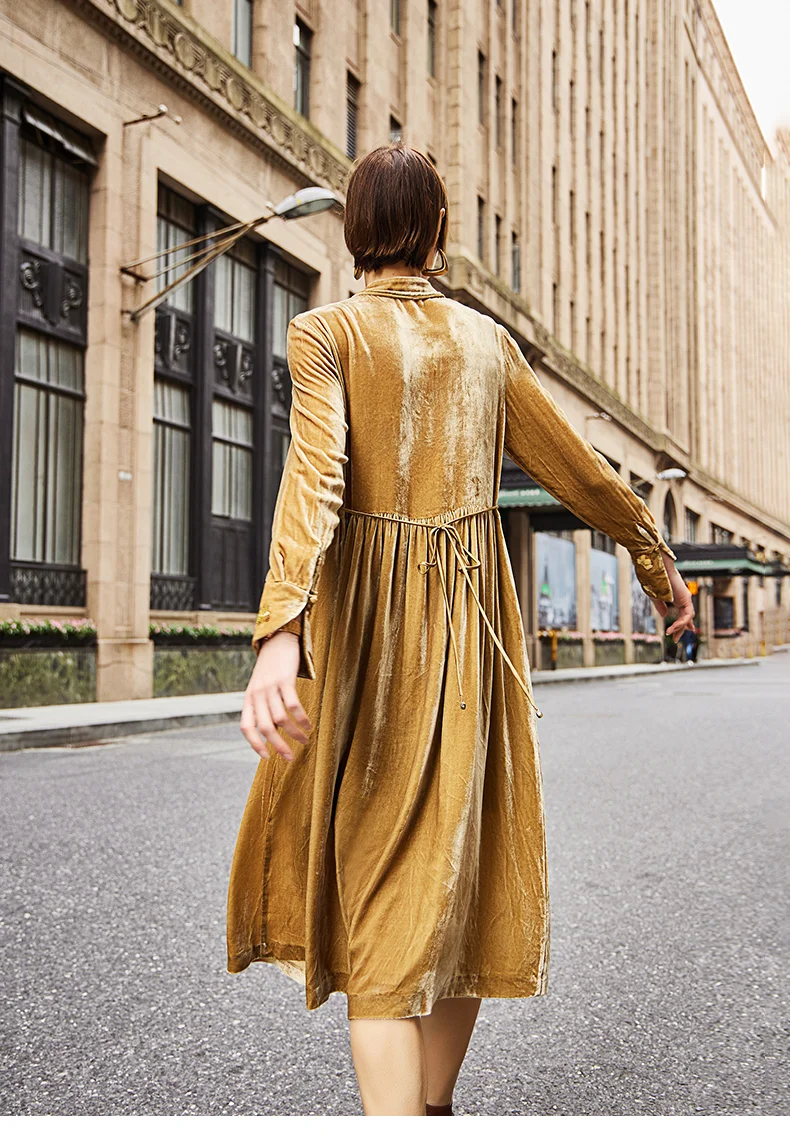 Fengbaoyu Silk Velvet Dress Chinese Silk Flocking Skirt Female Autumn Winter Medium Long A-line Skirt Soft Light Luster Clothing