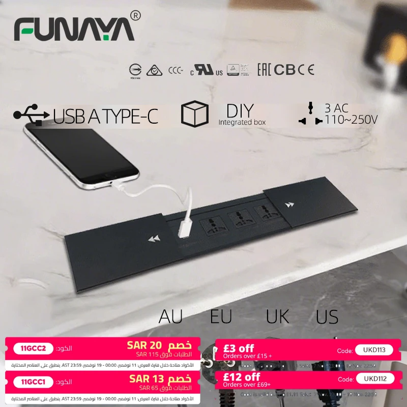 

Universal Embedded Socket with USB Type-c Slide Cover Desktop EU AU US UK Multi Plug Cabinet Hidden Recessed Desk power Sockets