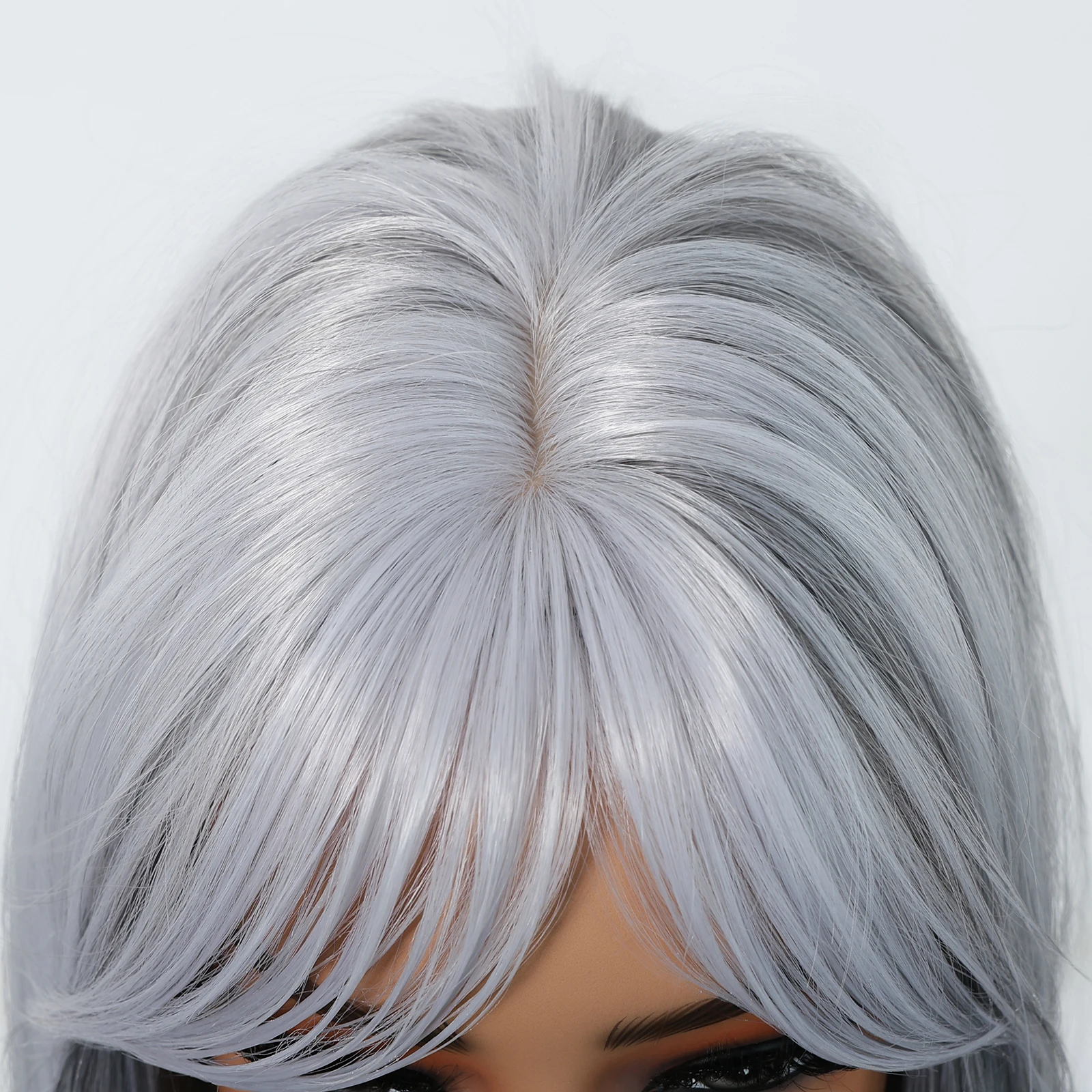 LOUIS FERRE Long Straight Synthetic Wig Grey White Ombre Wig For Women Heat Resistant Natural Layered Wig For Daily Cosplay Use