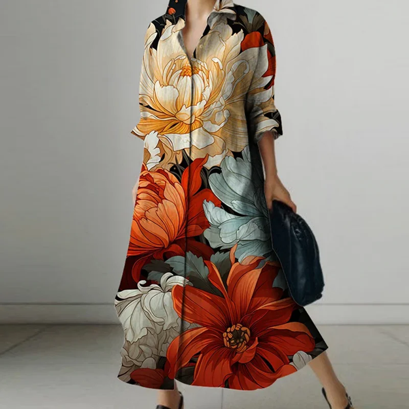 Dames Lente Herfst Trendy Bloemenprint Revers Maxi-jurken 2026 Nieuwe Lange Mouwen Losse Vrouw Button-down Dames Shirtjurk