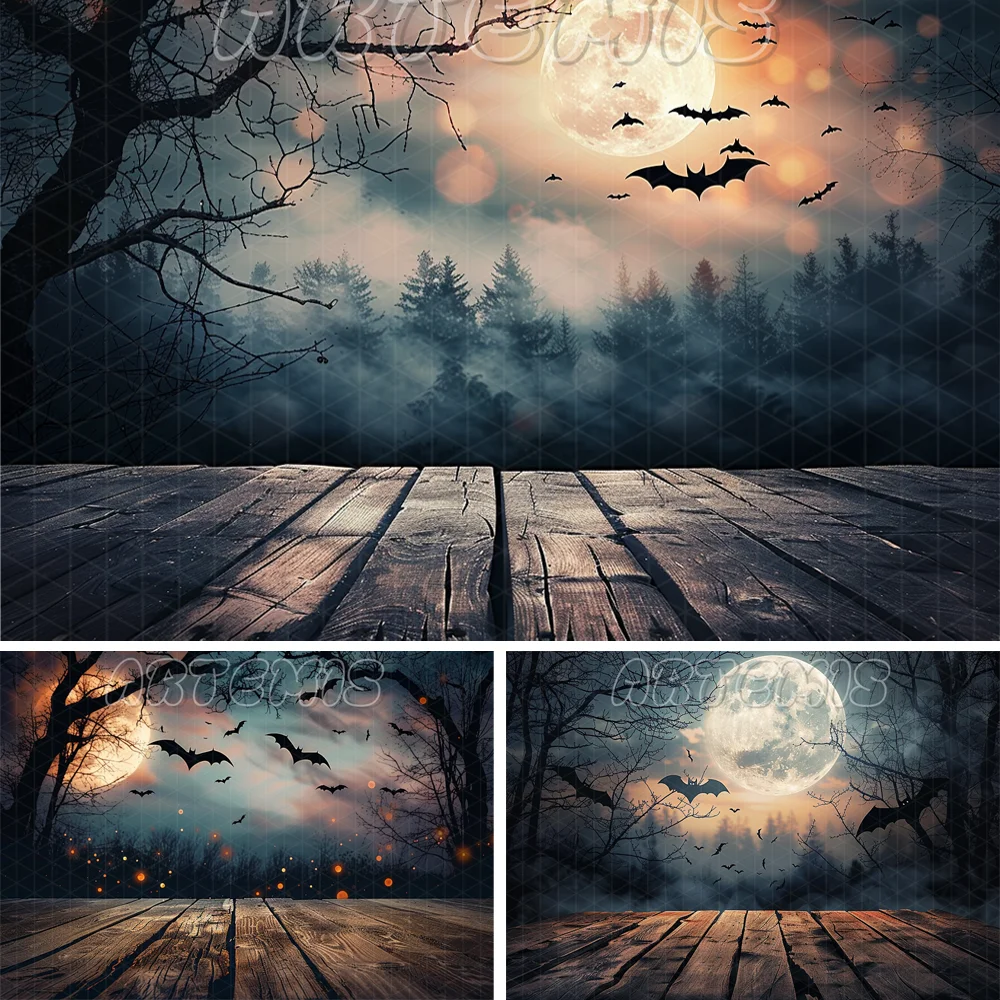 

Halloween Background With Full Moon Backdrop Decorated Night Theme Spooky Forest Moonlight Bats Flying Photo Studio Photocall