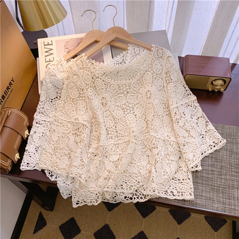 

Large Size Hook Knitted Top Women Summer Outerwear Loose Skirt Layering Hooded Sun Protection Hollow out Versatile Street S...