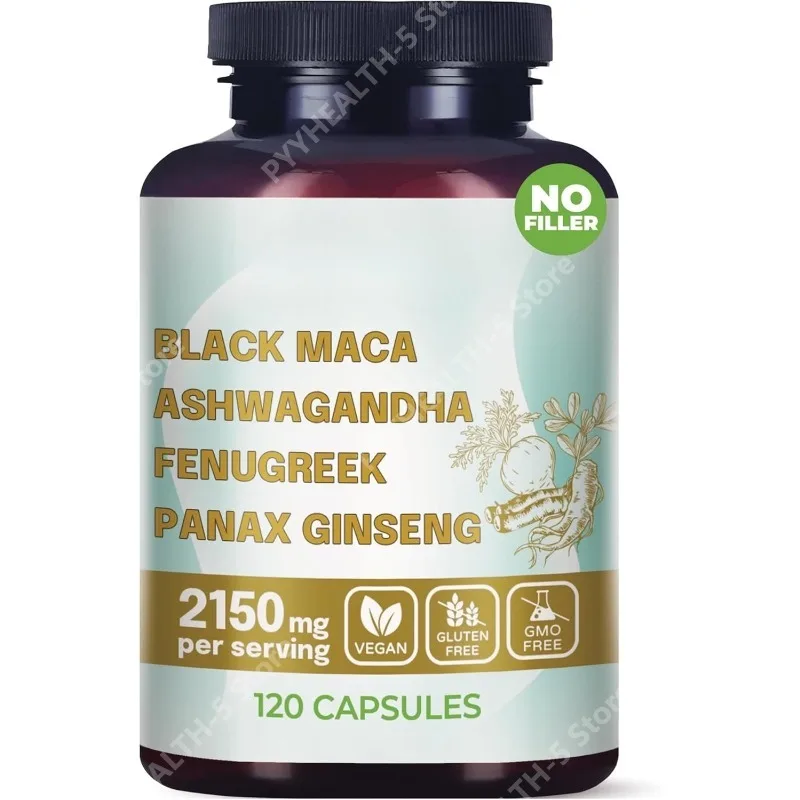 4-in-1 Organic Black Maca Root, Ashwagandha, Fenugreek, Panax Ginseng Capsules, Supplement for Men and Women