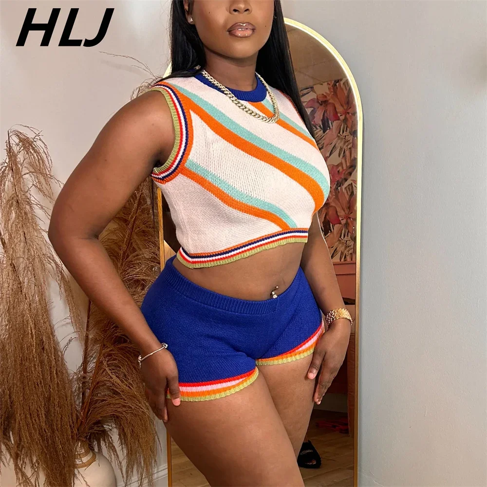 

HLJ Fashion Rainbow Stripe Knit 2 Piece Sets Outfit Women Sleeveless Crop Top And Shorts Tracksuits Female Stitching Clothing