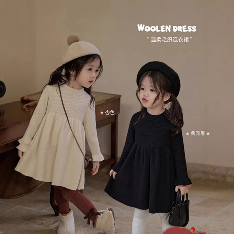 

Young Girls2025Autumn and Winter New Children's Long Sleeve Stylish Dress Baby Knitted Solid Color High-end Feel Dress