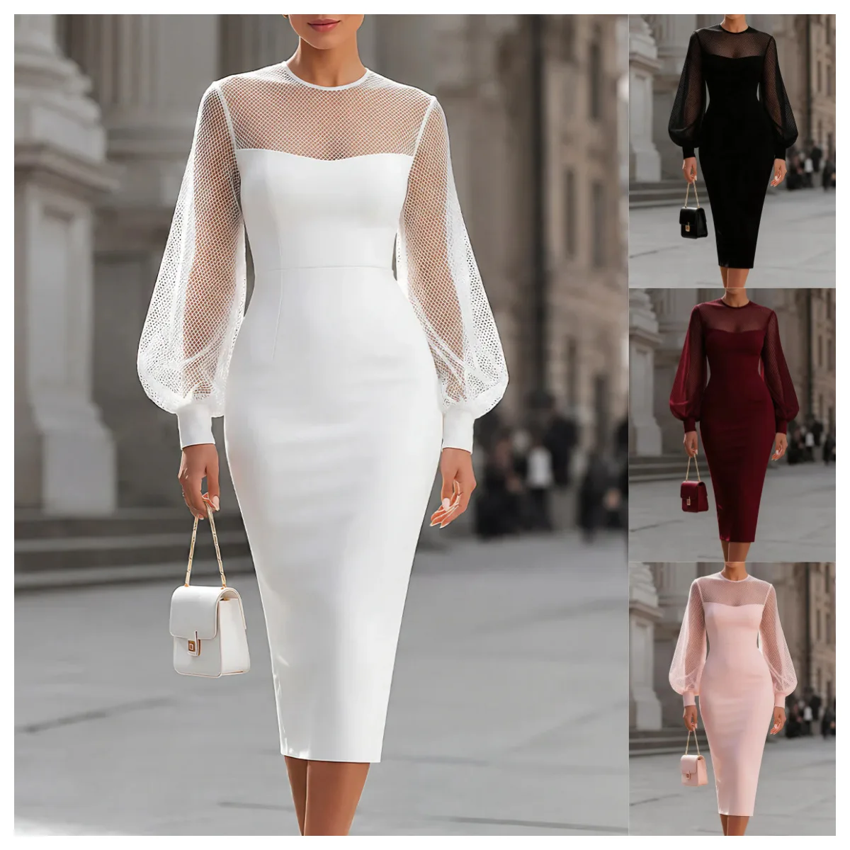

Elegant Mesh Lantern Sleeve Bodycon Evening Dress, Formal Fitted Party Gown, Spring Summer Matching Set