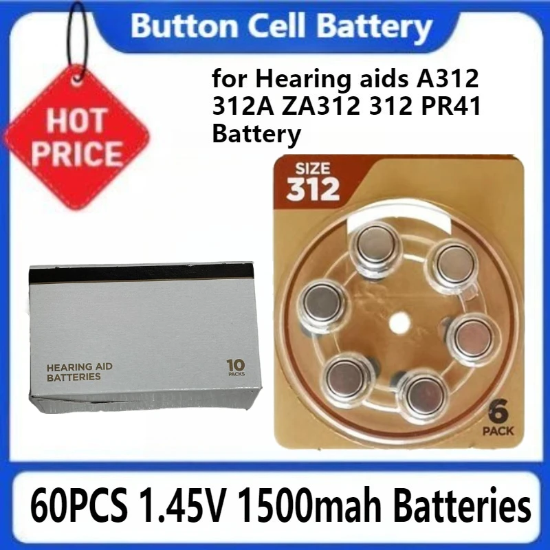 

Zinc Air Hearing Aid Batteries for Hearing Aids A312 312A ZA312 312 PR41 Battery A312 60PCS 1.45V 1500mah Batteries