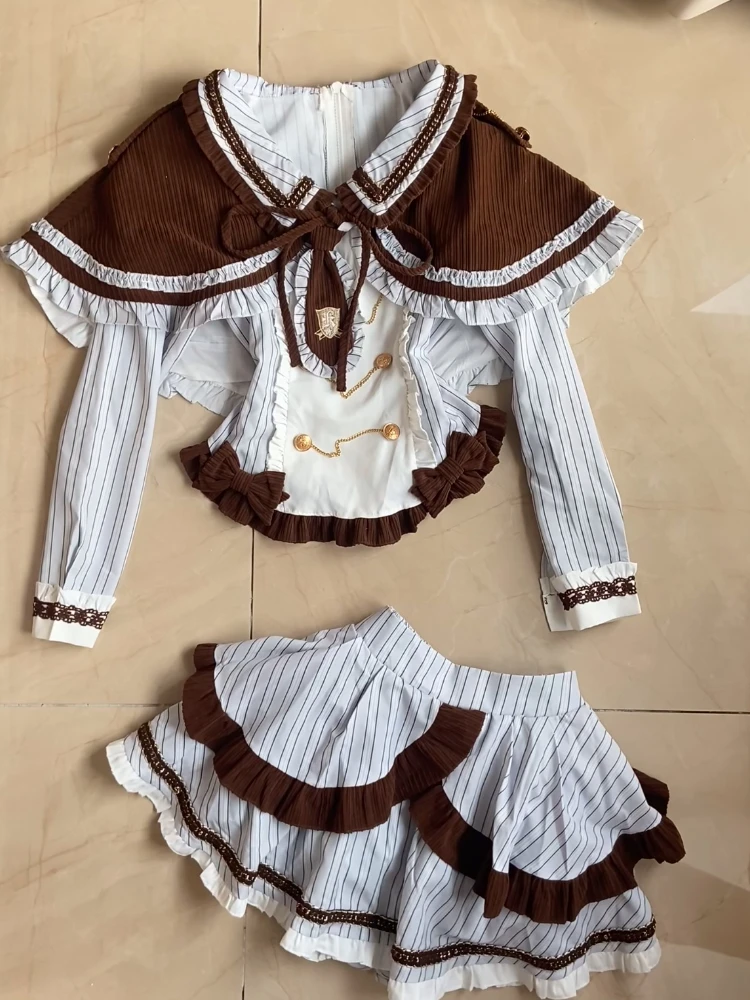 

Осенняя японская милая одежда в стиле Лолиты в студенческом стиле, женский милый плащ + полосатые рубашки + юбка-тортик Kawaii Fairy JK, комплекты из 3 предметов