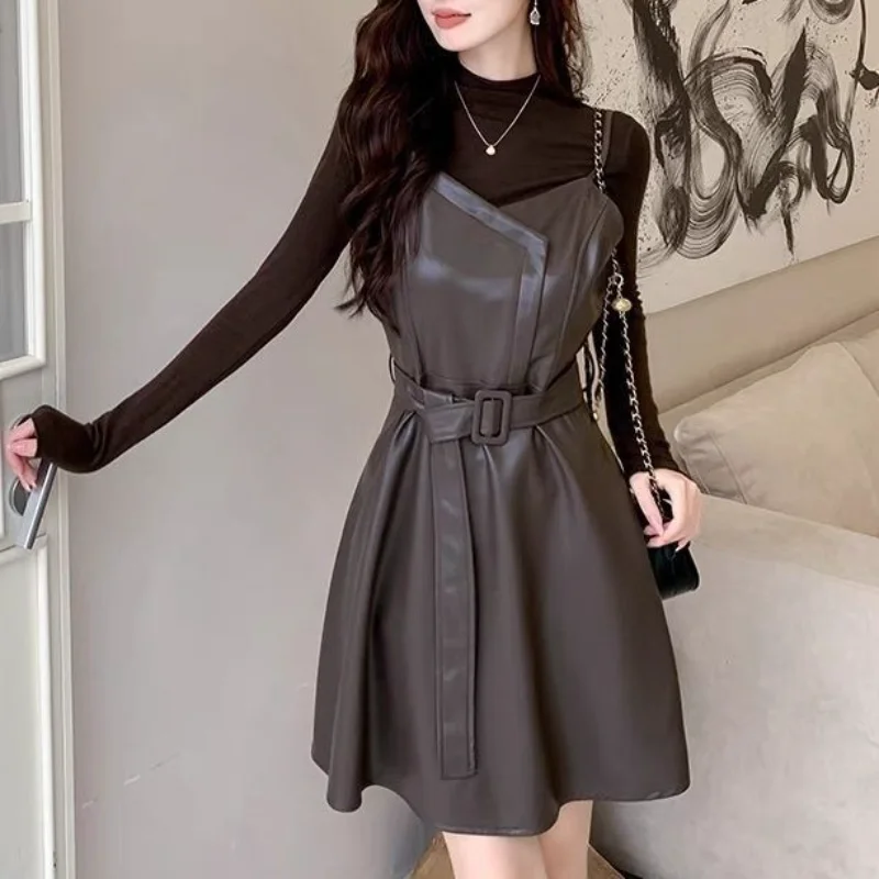 

Pu Leather Two-piece Dress Autumn Winter New Style 2025 Women's Long Sleeves Waist-hugging Fashion Spring