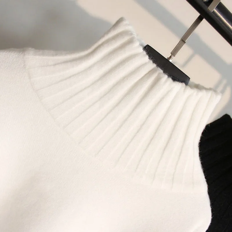 Modieuze en eenvoudige witte damestrui met col, gebreide trui met lange mouwen en warm temperament in de herfst en winter