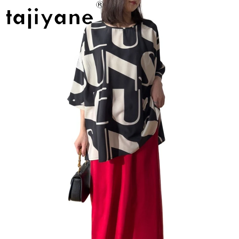 

TAJIYANE 19MM 93% Real Mulberry Silk T Shirts Women Mid Length Printed T Shirt Loose Spring Tops for Woman Clothes 2026 Футболка