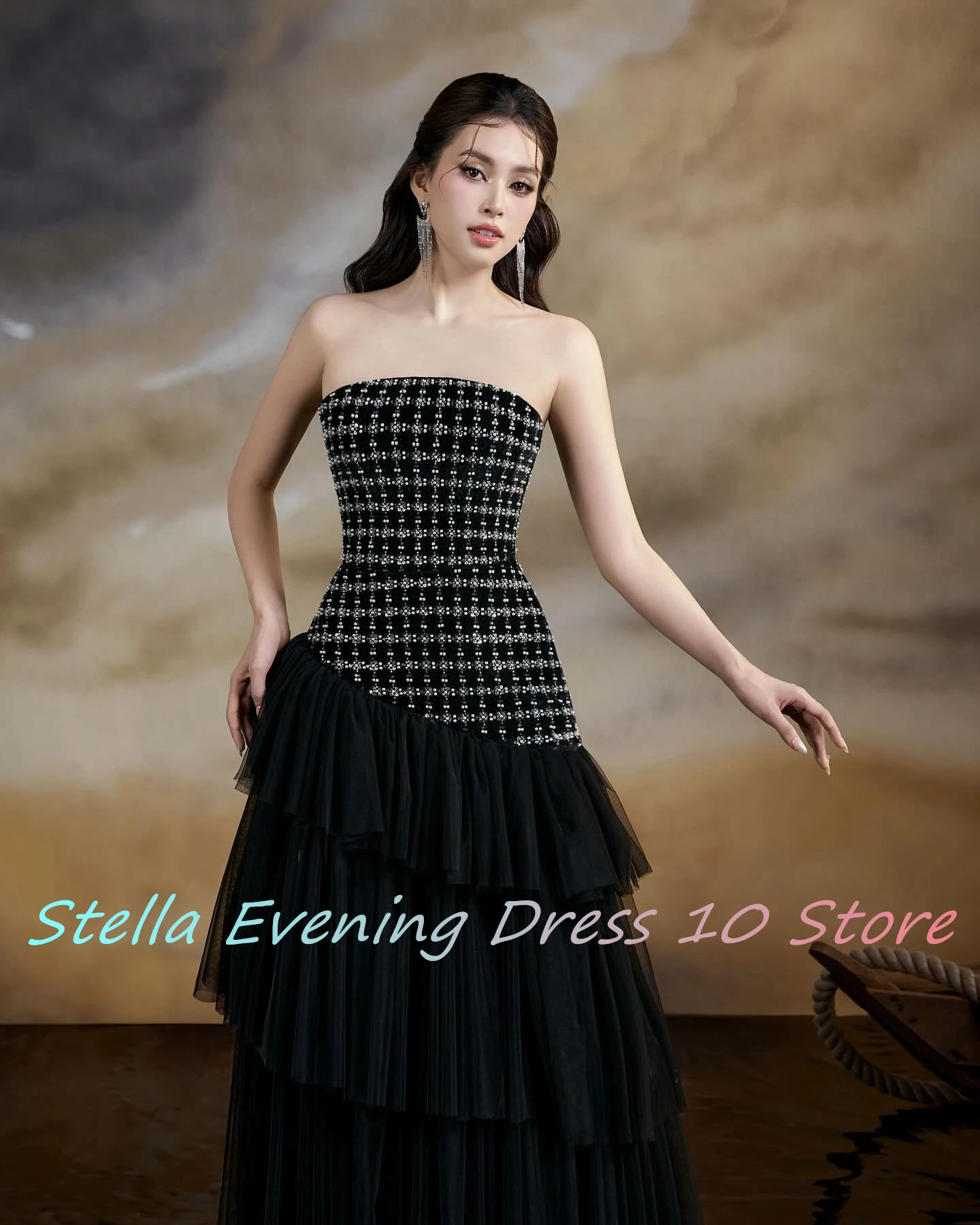 Robe de Soirée Trapèze en Organza à Paillettes, Taille Personnalisée, Longueur au Sol, Éducative 138