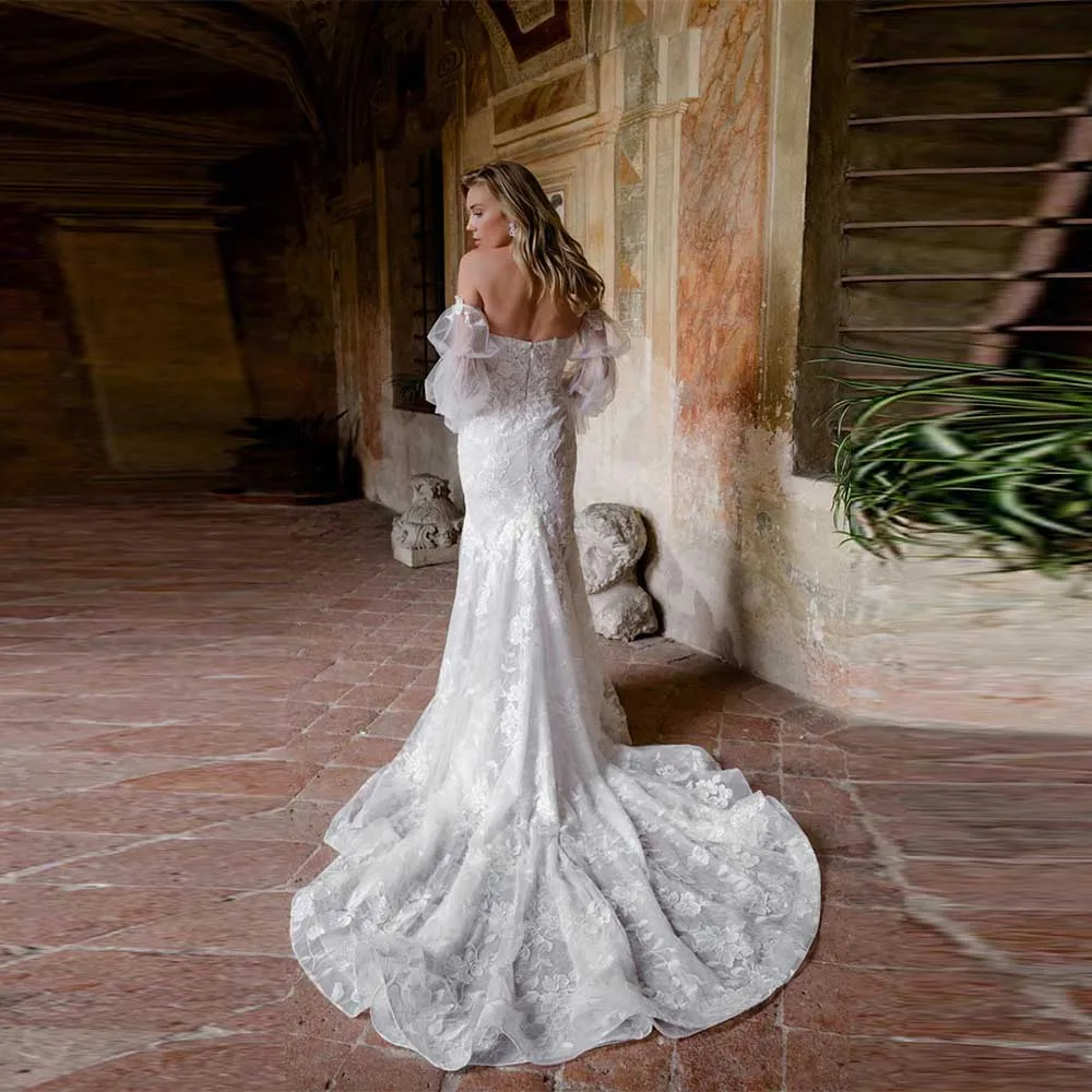 Personalizado querida sereia vestido de casamento de noiva graça fora do ombro renda applique vestido de casamento trem varredura vestidos de novia