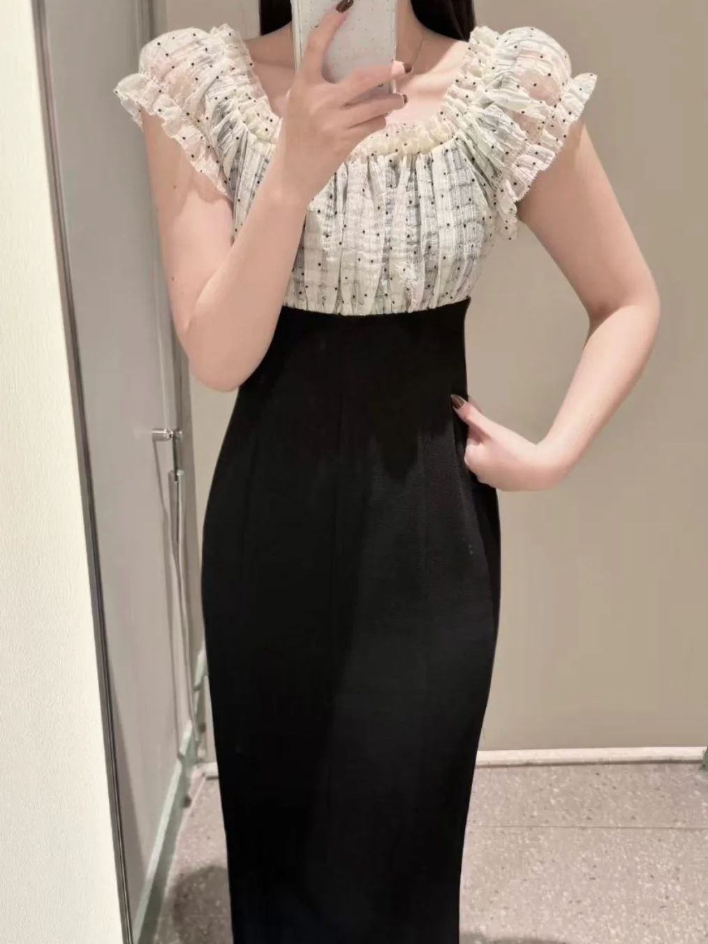 

Sweet Style Patchwork Skirt Bubble Sleeve Short Sleeve Chiffon Lace Trim Dress Women's High Waist A-Line Dress Casual Wear