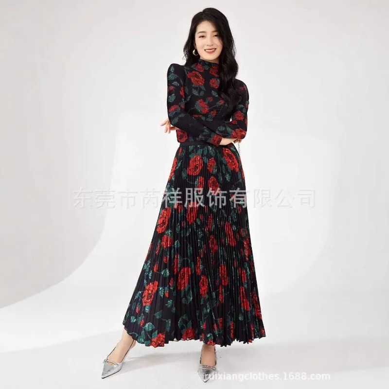 مياكي مطوي Plisse تنورة مجموعة 2026 ربيع جديد الطيات Jupe مجموعة الوفرة الوردية المطبوعة كبيرة الحجم المرأة أضعاف تنورة مجموعة