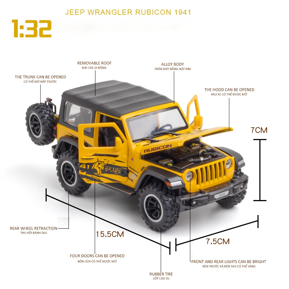 1:32 Jeep Wrangler Rubicon Alloy Model Car Metal Diecast Collection Vehicle Simulation Sound Light Toy Pull Back Children Gifts