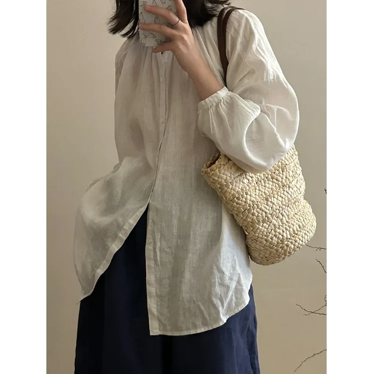 ルーズフィットリネンシャツレディースカジュアルスタイル長袖スタンドカラートップ快適な風通しの良い通勤ファッションエレガントな感覚