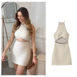 PB&ZA2024 Summer New Women's Fashion and Elegance Slim Fit Waist Versatile Open Design Hollow Short Dress