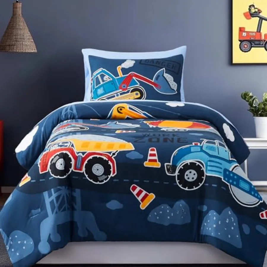 

Comforter Set for Boys-5 Pieces Truck Tractor Excavator Glow in the Dark Bedding Sets for,Ultra Soft Bed in A Bag with Sheets