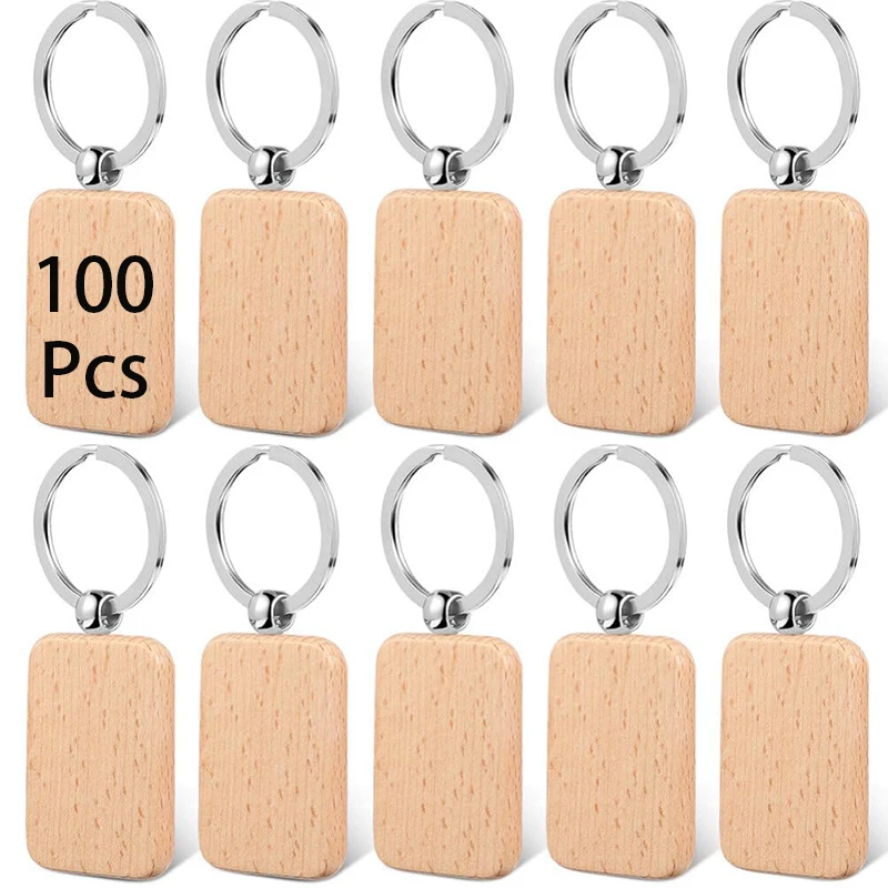 

100Pcs Blank Wooden Key Chain Wood Keychain Key Ring Key Tags