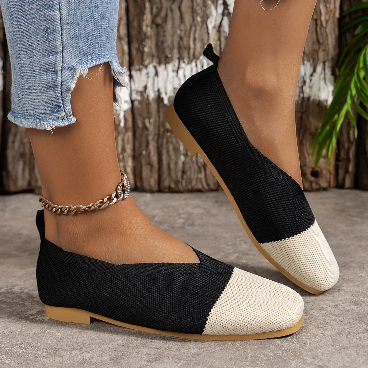 Women Flat Shoes New Patchwork Ballet Loafers Women Square Toe Spring Summer Casual Shoes Knits Flat Sneakers Zapatos De Mujer