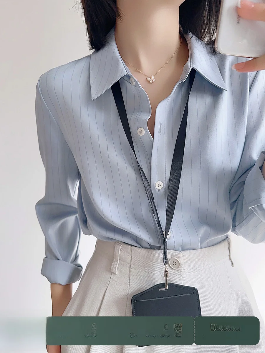 

XALI Pure High-End Blue Striped Satin irt Women's Spring Commute Workwear Straight Tube Long Sve Button-Up Profional Top