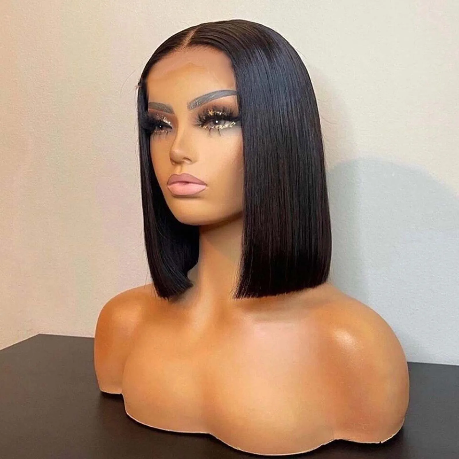 Peluca de cabello sintético con encaje Frontal para mujer, sin pegamento pelo negro, corte Bob corto, recto, fiesta