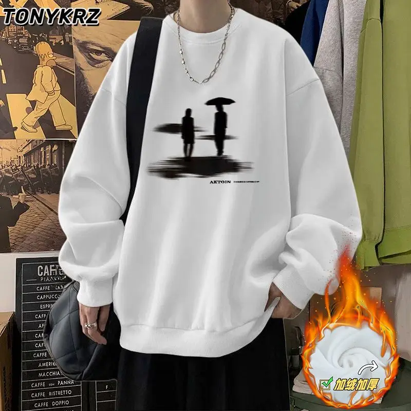 Hong Kong Style New Trendy Printed Hoodie Casual Round Neck Versatile Men's White Top