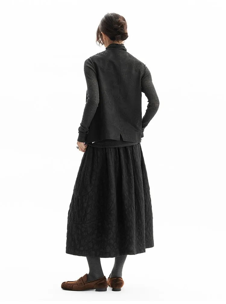 Versatile Umbrella Skirt~Autumn and Winter 100% Wool Jacquard Skirt for Women, Black Flower Bud Skirt