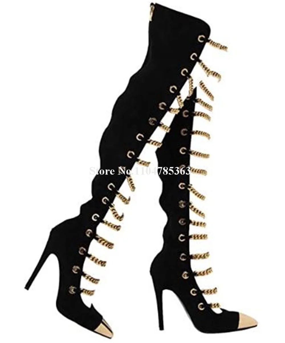 Sexy Gold Pointed Toe Chains Decorated Stiletto Heel Over Knee Gladiator Boots Cut-out Black Suede Thin Heel Long Boots