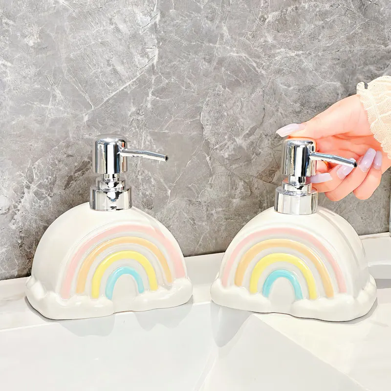 

350ml Cute Rainbow Ceramic Split Bottle Press Type Hand Wash Liquid Bottle Bathroom Cartoon Shampoo Shower Gel Lotion Bottle