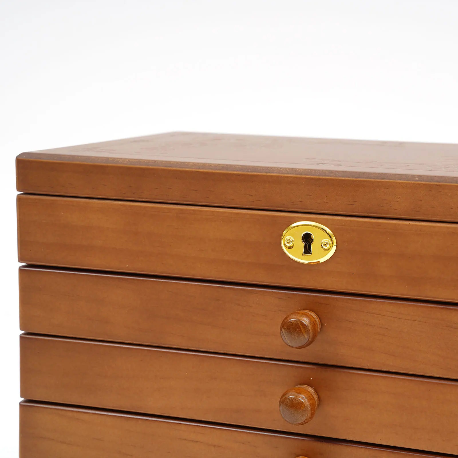 6-lagige braune Schmuckschatulle aus Holz, 29,5 x 18,5 x 25 cm, mit Spiegel-Sicherheitsriegel, zum Aufbewahren von Anhängern, Armbändern, Broschen und Halsketten – Detail 6