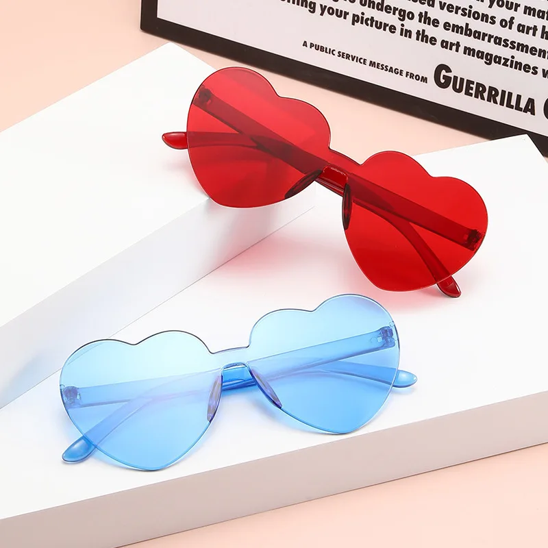 Heart Shaped Sunglasses Colorful Transparent Rimless Love Glasses for Women Men Party Wedding Festival Carnival Photo Decor