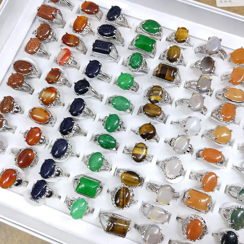 Wholesale 100 Pcs/lot Mix Random Color Style Nature Stone Alloy Rings Fashion Jewelry Women Party Wedding Ring In Display Box